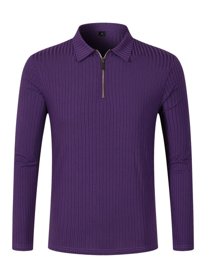 Men's Casual Sports Ribbed Long Sleeve Zipper Lapel Golf Shirt, Spring And Fall