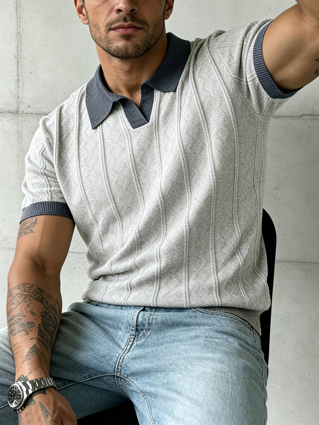 Men's Jacquard Knit Short Sleeve Polo with Contrast Collar