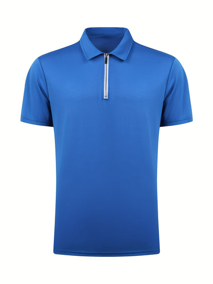[Golf Apparel] Men's Classic White Shirt - Casual Summer Style with Short Sleeves, Zipper Collar, and Stretch Polyester Fabric - Perfect for Streetwear & Golf