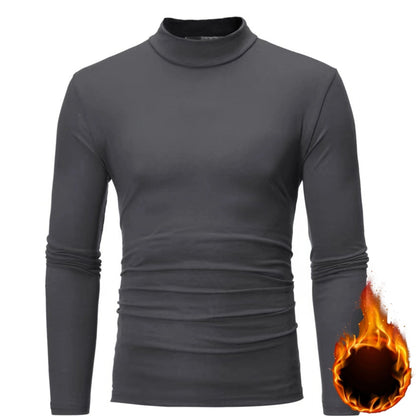 Men's Solid Long Sleeve Turtleneck Stretch T-shirt, Casual Comfy Warm Top For Fall Winter, Men's Clothing