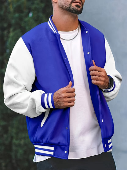 [Bold Design] Men's Stylish Black & White Varsity Jacket - Casual Baseball Coat with Pockets, Button-Up Front, Long Sleeve, Polyester Blend, Perfect for Fall & Winter, Casual Sportswear | Casual Fashion Jacket | Cotton Comfor