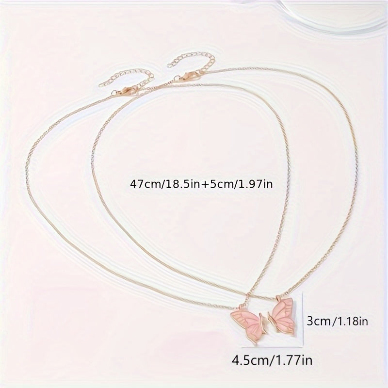 2pc Pink Color Butterfly Pendant Necklace Adjustable Zinc Alloy Neck Chain Jewelry For Couples