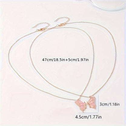 2pc Pink Color Butterfly Pendant Necklace Adjustable Zinc Alloy Neck Chain Jewelry For Couples