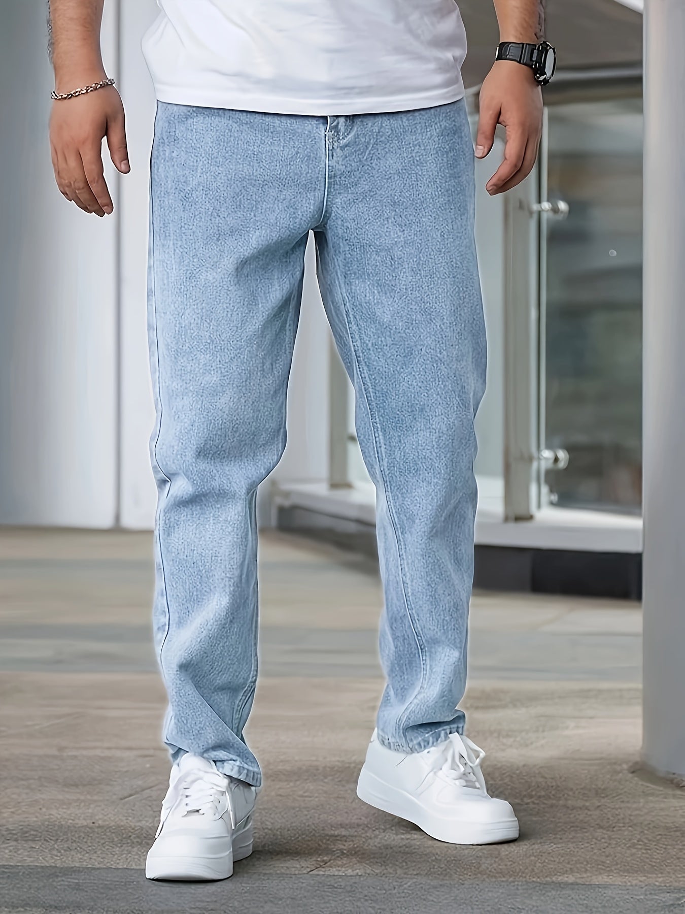 Men's Casual Straight Leg Blue Jeans - Cotton Blend, Non-Stretch Denim, Machine Washable, Classic Fit for All Seasons