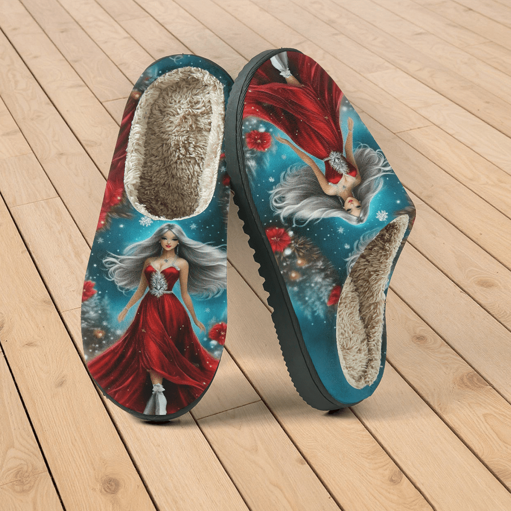 Women's Red Slippers with Red Dress Print - Winter Warm Soft Sole Slip-On Moccasins Suitable for Winter Parties, Christmas & New Year's Eve - Comfortable /Outdoor Footwear, European Style Fabric Upper & TPR Sole