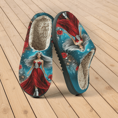 Women's Red Slippers with Red Dress Print - Winter Warm Soft Sole Slip-On Moccasins Suitable for Winter Parties, Christmas & New Year's Eve - Comfortable /Outdoor Footwear, European Style Fabric Upper & TPR Sole