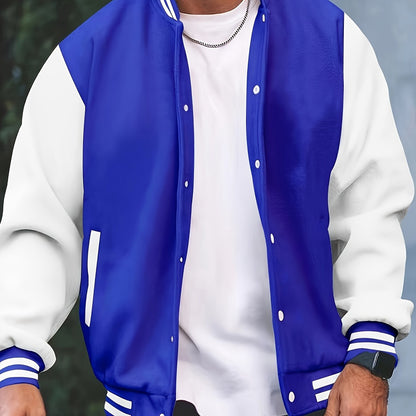 [Bold Design] Men's Stylish Black & White Varsity Jacket - Casual Baseball Coat with Pockets, Button-Up Front, Long Sleeve, Polyester Blend, Perfect for Fall & Winter, Casual Sportswear | Casual Fashion Jacket | Cotton Comfor