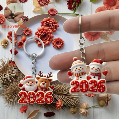 2DFLAT Cute Snowman Friend Keychain - 2026 New Year Gift with Classic Red & White Snowman, Snowflake "51.46meter Cartoon Design, Durable Iron Alloy, Perfect For Car Rearview Mirror, Christmas Tree Decorations, Thanksgiving Pr