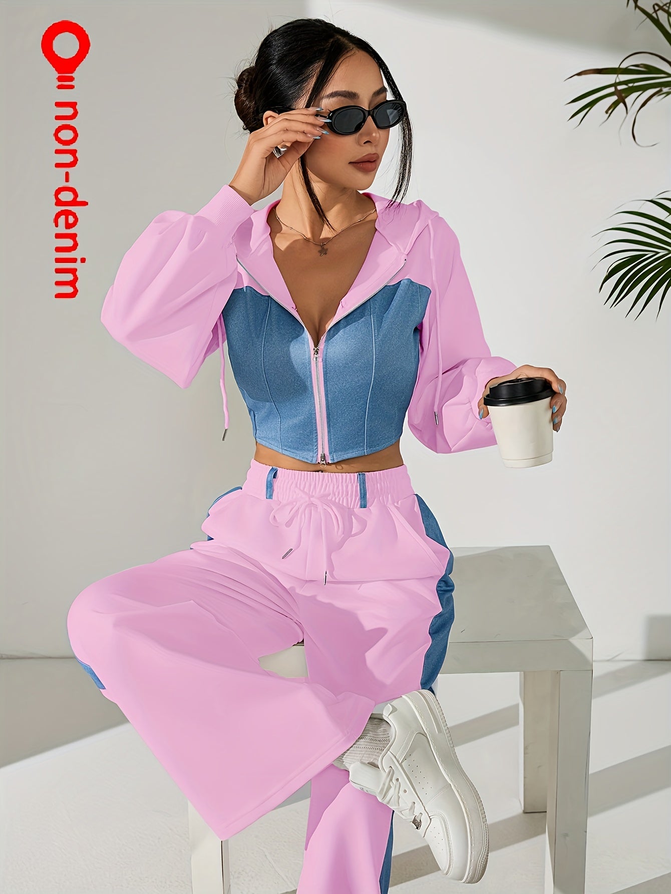 Women's Elegant Hooded Two-Piece Suit with Color Block Pants