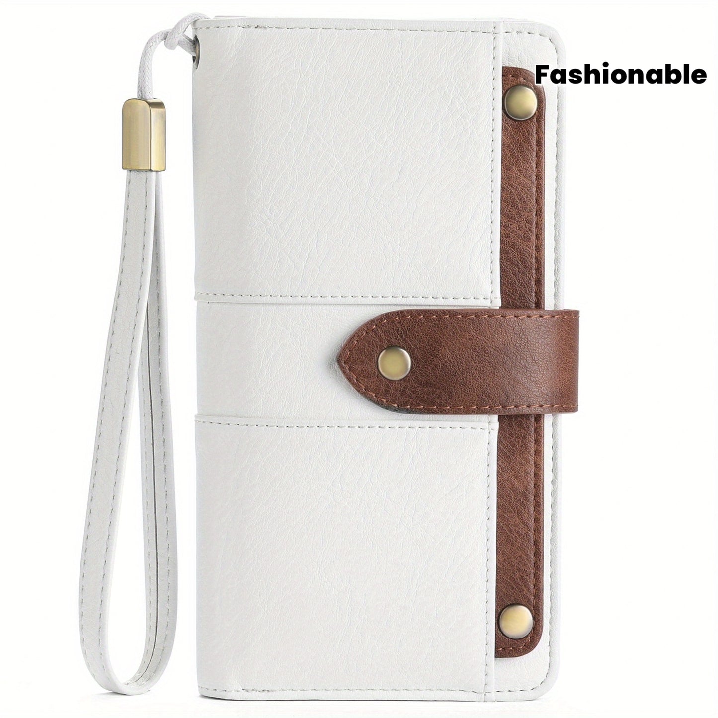 Women's Large Capacity Wallet Handbag with Wrist Strap - Elegant White & Golden-Tone Long Wallet, Golden-Tone Hardware, Multi-Compartment Organizer with Cash Pocket & Card Holder for Everyday Use, School, Work, Travel - Styli