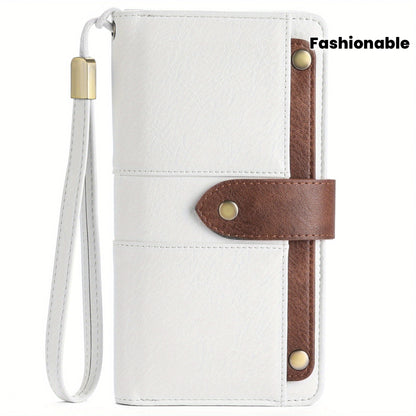 Women's Large Capacity Wallet Handbag with Wrist Strap - Elegant White & Golden-Tone Long Wallet, Golden-Tone Hardware, Multi-Compartment Organizer with Cash Pocket & Card Holder for Everyday Use, School, Work, Travel - Styli