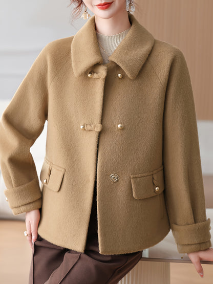 Snow Evening Women's 2025 New Winter Jacket - Short Wool-Blend Tweed Coat for Moms & Seniors, Thickened Warm Collar with Golden Buttons, Elegant Cold-Resistant Outerwear, Hand Washable (Grey/Black) - Professional & Casual Win