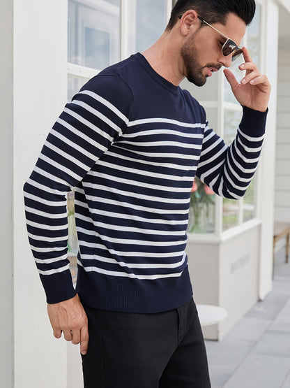 Գարնանային և աշնանային ամենօրյա երկգույն գծավոր տղամարդու սվիտեր-պուլովեր՝ գունավոր բլոկներով, կլոր վզնոցով, տղամարդու տրիկոտաժե վերնաշապիկ