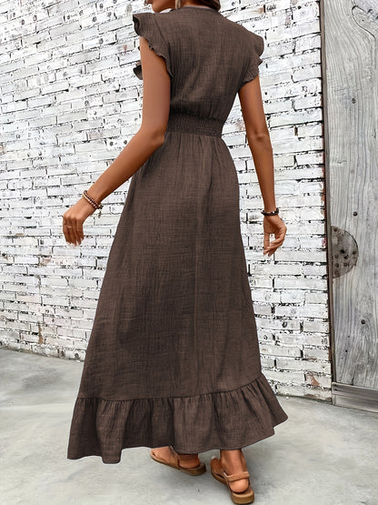 Women's Casual Waist-Cinching Maxi Dress with V-Neck