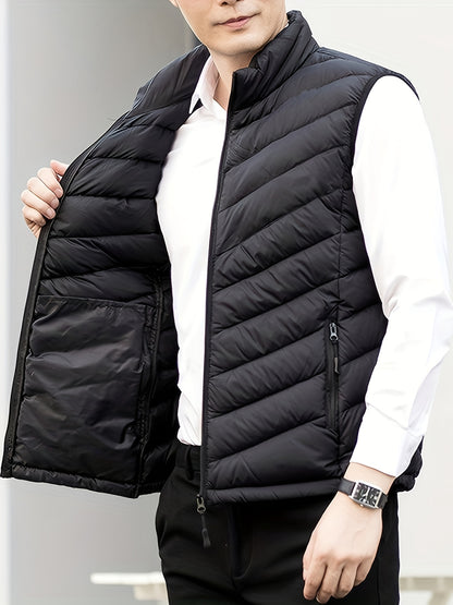 Men's Winter Sleeveless Warm Vest Jacket, Casual Fashion Zippered Multi-Pocket Solid Color Stand Collar Black Thermal Gilet for Autumn/Winter Outdoor Leisure Sports Hiking Lightweight Waistcoat Coat