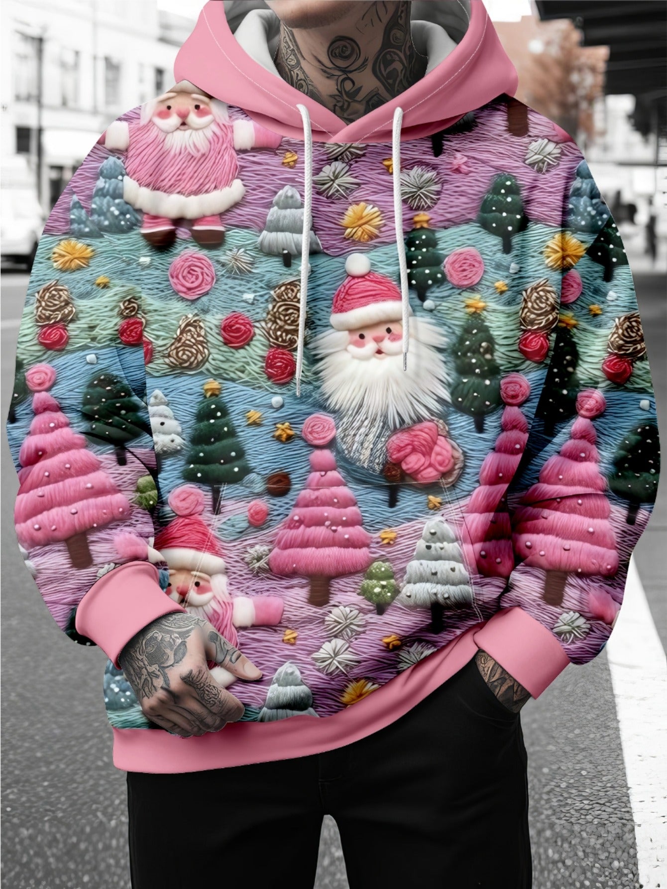 Men's Christmas Hooded Sweatshirt with Santa Reindeer Snowflake Print Hoodie - Loose Fit Long Sleeve Pullover Sweater for Holiday Parties, Winter Clothing & Casual Wear - Machine Washable Festive Attire, PLUS SIZE