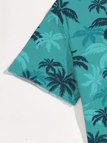 Coconut Tree Print Տղամարդկանց ամառային նորաձև և պարզ կարճաթև կոճակով պատահական վերնաշապիկ, թրենդային և բազմակողմանի, հարմար ժամադրության, ծովափնյա հանգստի համար, որպես նվեր