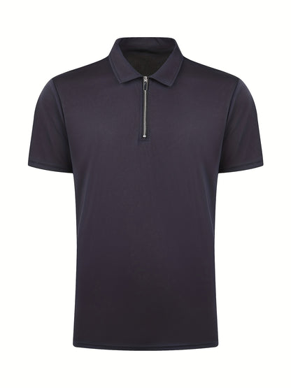 [Golf Apparel] Men's Classic White Shirt - Casual Summer Style with Short Sleeves, Zipper Collar, and Stretch Polyester Fabric - Perfect for Streetwear & Golf