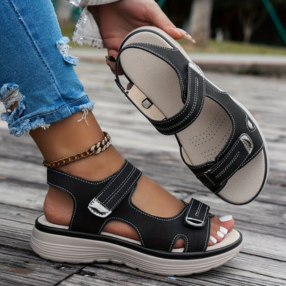 Non Slip Women's Platform Open Toe Sandals, Solid Color Ankle Buckle Strap Casual Outdoor Shoes