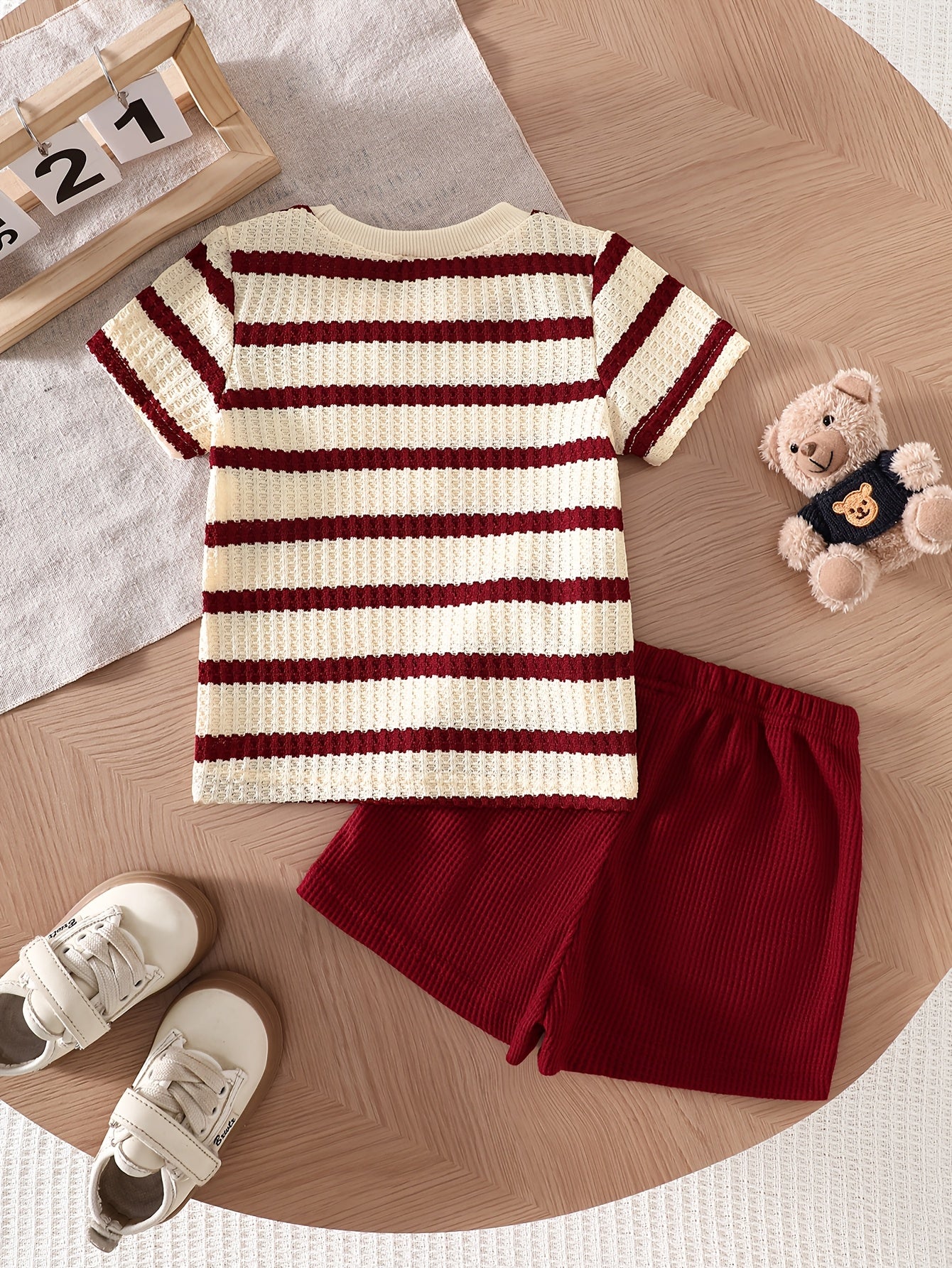 Baby Summer Striped Red White Set with Bear Plush Shorts