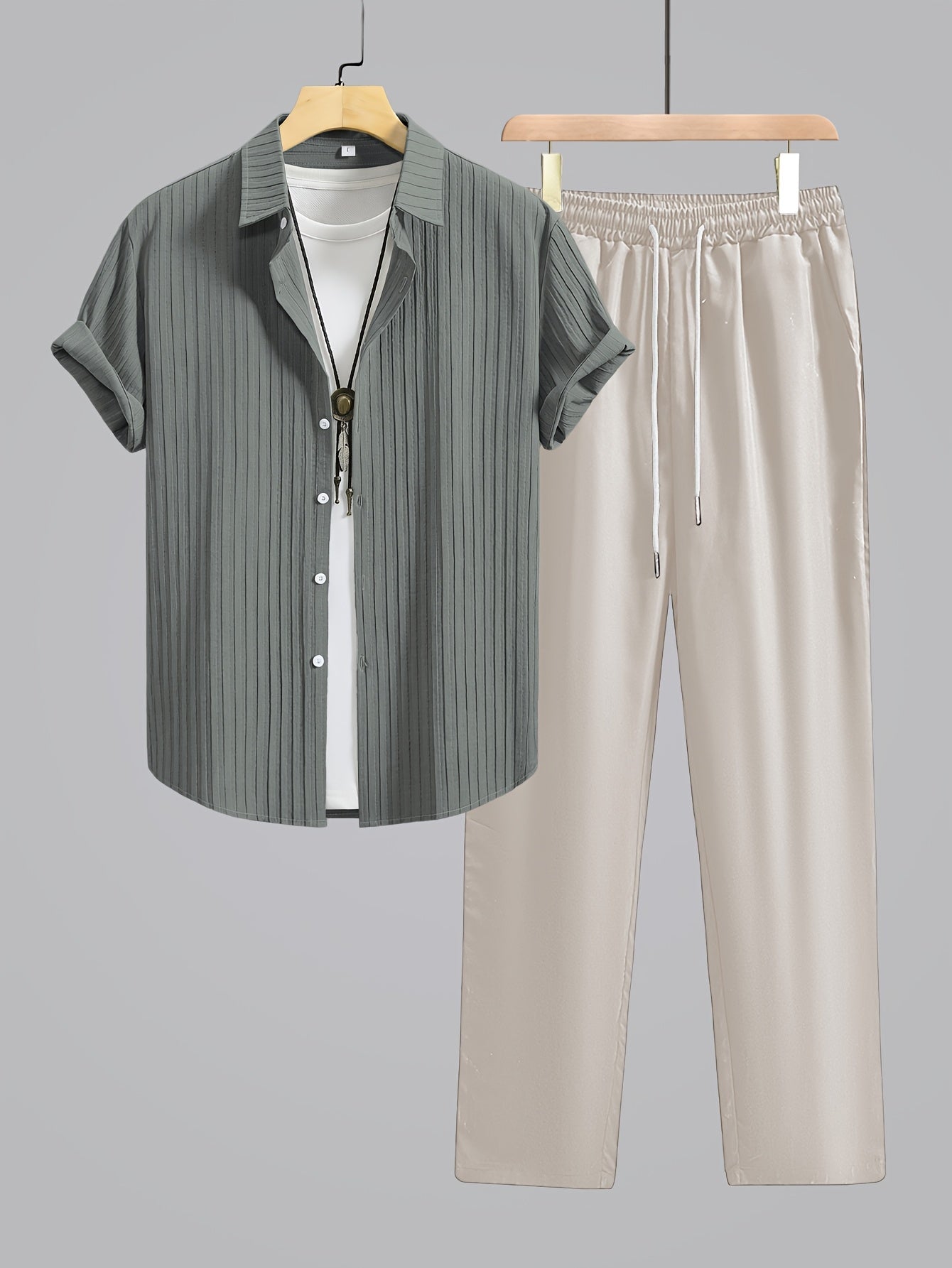 Men's Summer Casual Shirt and Trousers Set, Lightweight Woven Fabric