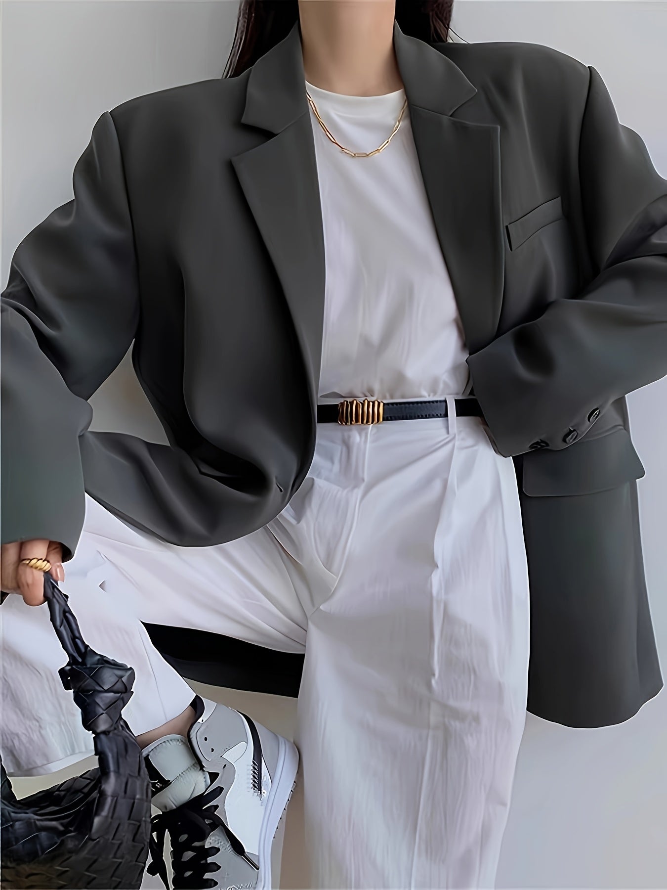 Կանացի շքեղ, առօրյա բլեյզեր՝ պոլիեսթերից, միագույն, երկար թևքերով, կոճակներով առջևի մասով և գրպաններով, ազատ չափսով, գարնանային/աշնանային բաճկոն, առօրյա հագուստի բաճկոն | մինիմալիստական ​​| մեկ օղակով բաճկոն