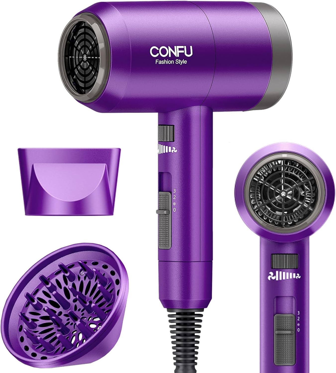 CONFU Ionic Blow Dryer 1600W, Portable Lightweight Fast Drying Negative Ion Hairdryer Blowdryer, 3 Heat Settings & Infinity Speed, with Diffuser and Concentrator Nozzle for Home & Travel