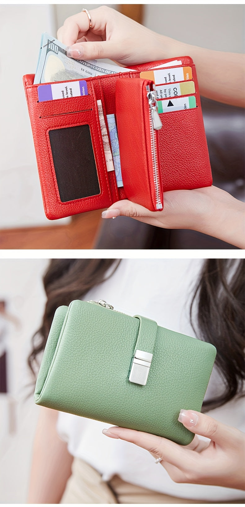 A Compact Trifold Wallet Made of Soft PU in a Solid Color, Featuring Metal Accents. It Includes a Zippered Coin Pocket, Card Slots, And an ID Window, Suitable for Credit Cards, ID Cards, Cash, And Coins. This Modern, Lightwei