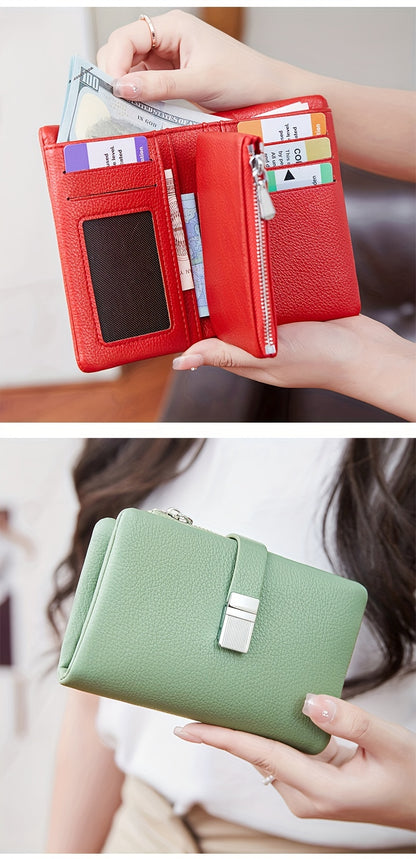 A Compact Trifold Wallet Made of Soft PU in a Solid Color, Featuring Metal Accents. It Includes a Zippered Coin Pocket, Card Slots, And an ID Window, Suitable for Credit Cards, ID Cards, Cash, And Coins. This Modern, Lightwei