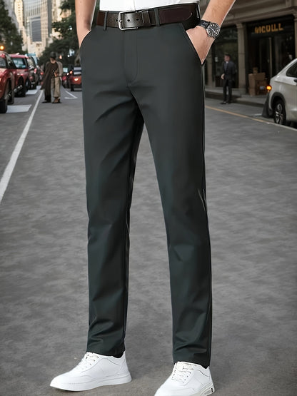 Men's Sleek Stretch Dress Pants - Solid Color Black, Comfort Fit with Subtle Stretch, Polyester Fabric, Mid-Rise, Machine Washable, Perfect for Business Casual & All-Season Wear, Business Casual Pants | Sleek Trousers | Easyc