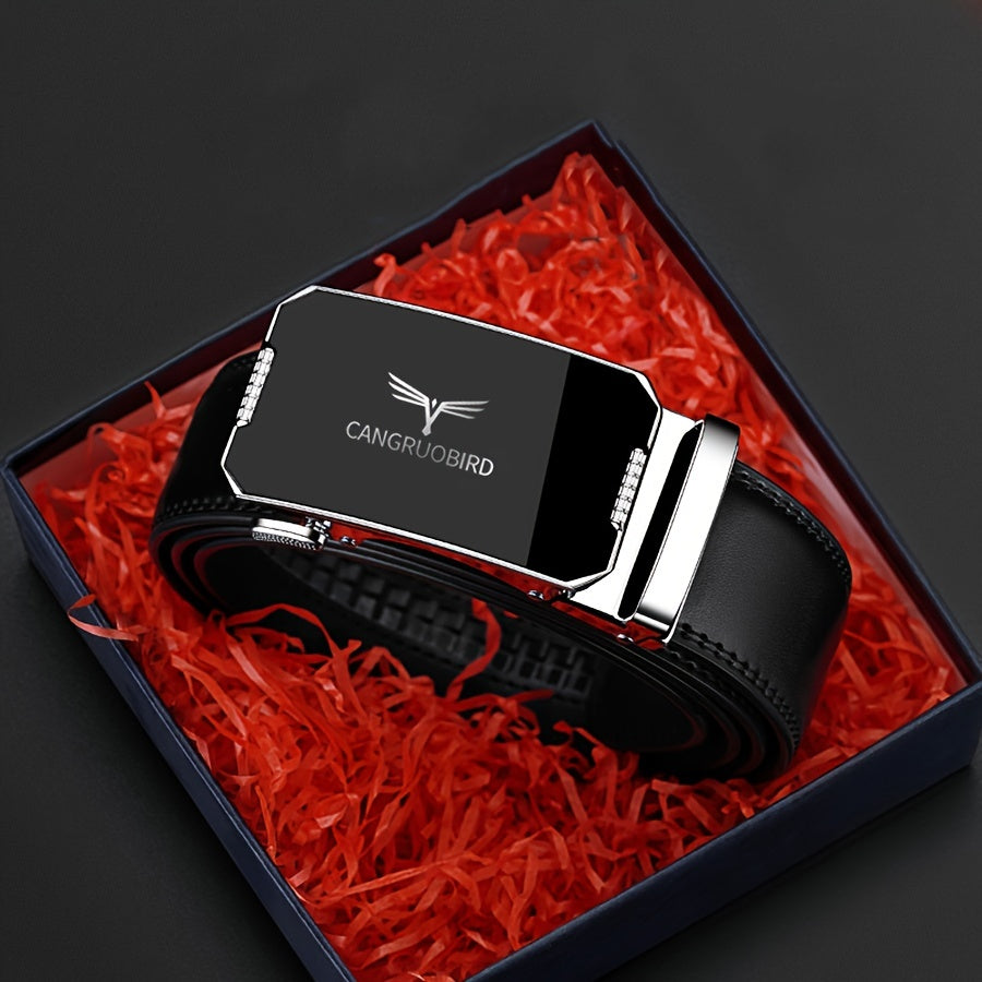 1pc Men'S Adjustable Automatic Buckle Belt - Sleek Black Faux Leather, Alloy Buckle, Stylish for Business & Casual Attire