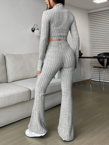 Elegant Zipper Cardigan & Wide Leg Pants Two-Piece Set