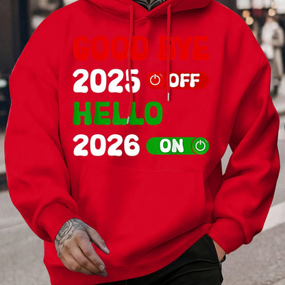 Men's 2025 New Year Print Hooded Sweatshirt - Kanji-Inspired "Goodbye 2025 2026" Pullover, Winter Warm Casual Sweater with Green/Red Toggle Switch Design, Machine Washable Red Hoodie for Christmas & NYE Parties