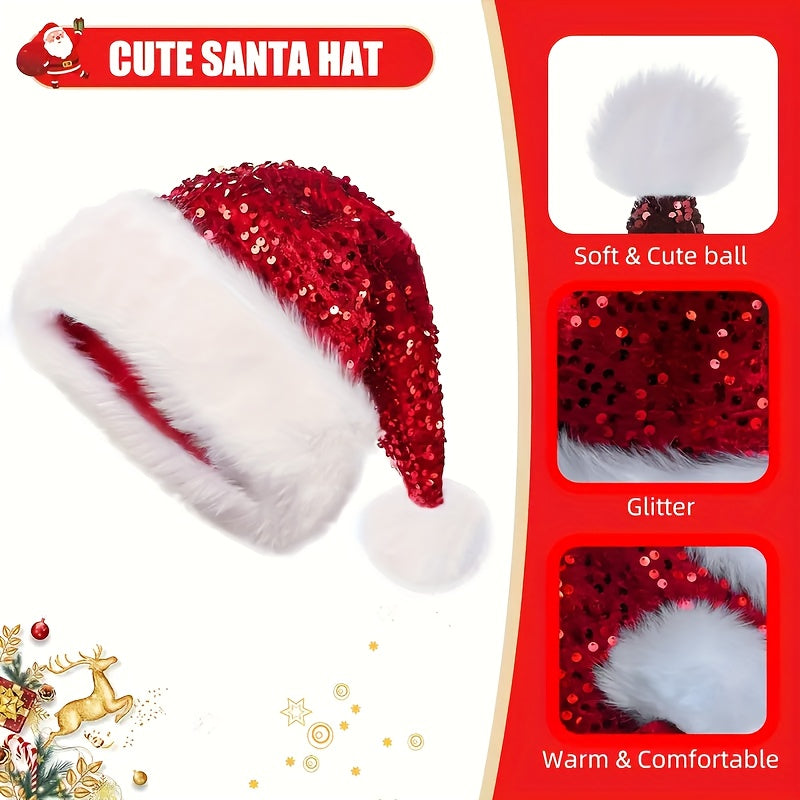 Christmas Sequin Santa Hat - Double Layer Shimmery Polyester Beanie Cap with Plush Trim, Inelastic, Handwash Only, Knitted Craftsmanship, No Feathers, Festive Holiday Headwear for Adults