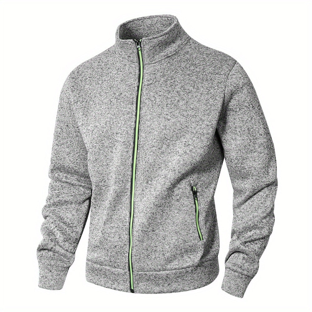 Men's Stand Collar Jacket - Full-Zip Casual Athletic Coat, Light Grey with Lime Accents, Zippered Front Closure for Gym, Office, Everyday - Machine Washable Outerwear, Gym Wear, Sporty Design, Smooth Texture, Lightweight Coat