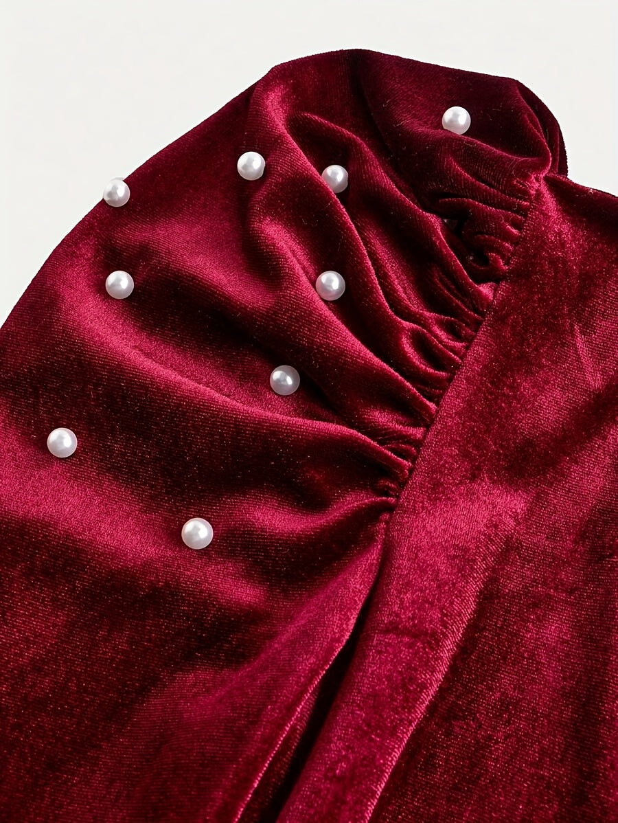 Girls' Burgundy Winter Dress with Puff Sleeves & Pearl Trim - Elegant Square Neck A-Line Party Dress, Zipper Closure for Weddings, Christmas, Prom - Hand Washable Non-Stretch Formal Attire (No Belt)