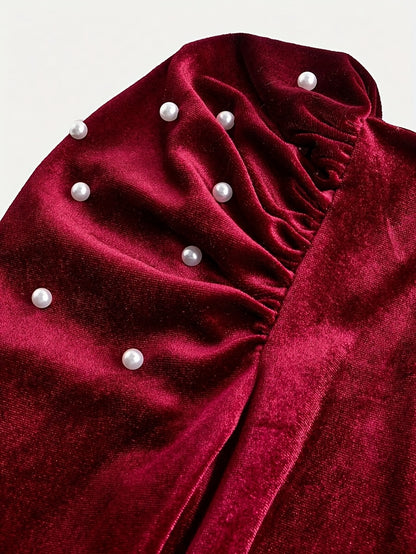 Girls' Burgundy Winter Dress with Puff Sleeves & Pearl Trim - Elegant Square Neck A-Line Party Dress, Zipper Closure for Weddings, Christmas, Prom - Hand Washable Non-Stretch Formal Attire (No Belt)