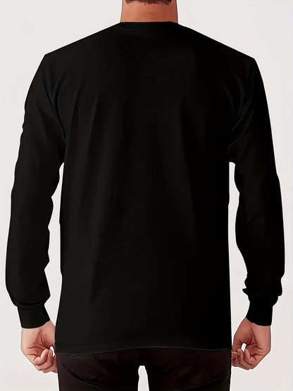 Men'S Happy New Year Graphic T-Shirt - Casual Long Sleeve Crew Neck, White with Black Lettering & Festive Design, Loose Fit for Spring/Fall, Perfect for Casual Attire, Festive Clothing | Festive Graphic Tee | Comfortable Fit