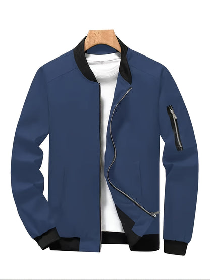 Men'S Stylish Black Sports Casual Jacket - Lightweight Bomber with Zipper Pockets, Front Zipper Panel, and Ribbed Cuffs - Perfect for Outdoor Activities, Running, and Casual Attire