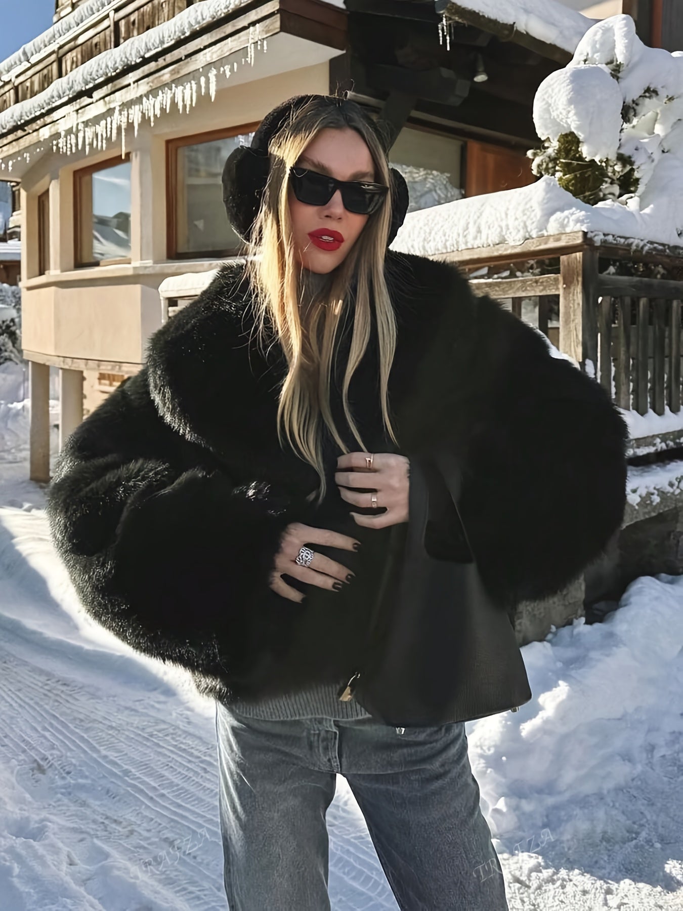 Women's Elegant Luxury Faux Fur Coat - Winter Warm Solid Black Outerwear with Plush Fur Collar, Machine Washable Winter Coat for Fall & Winter, Casual to Formal Events, Faux Fur Jacket for Women, Chic and Sophisticated Design