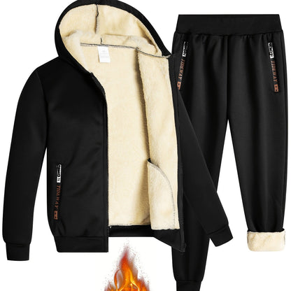 2pcs Boys' Fashion Fleece-Lined Thickened Jacket + Pants Set, Stylish Zip-Up Hoodie and Casual Sportswear Outfit for Autumn/Winter, Perfect Gift, Perfect for Outdoor, Autumn/winter Coat For Boy, Sportswear Suit For Boy, Boy C