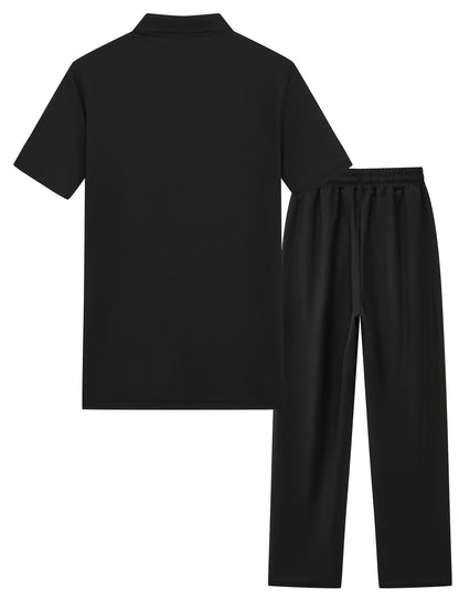 Men's 2pcs Waffle Knit Casual Outfit: Zip-Up Short Sleeve Collared Shirt & Drawstring Pants - Black, Polyester Blend, Ideal for Casual Attire in Spring/Summer