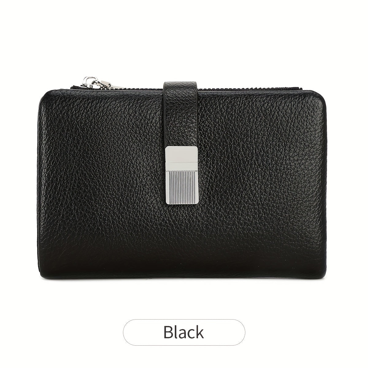 A Compact Trifold Wallet Made of Soft PU in a Solid Color, Featuring Metal Accents. It Includes a Zippered Coin Pocket, Card Slots, And an ID Window, Suitable for Credit Cards, ID Cards, Cash, And Coins. This Modern, Lightwei