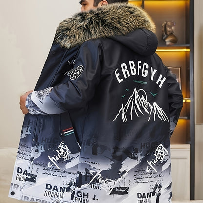 Men's Heavy-Duty Hooded Winter Jacket with Mountain Logo Back Print, Full-Zip Long Coat & Pockets - Large Hood for Extreme Cold, Machine Washable -Filled Outerwear (Casual/Climbing/Skiing) - Black, Winter Boots For Men, Men W