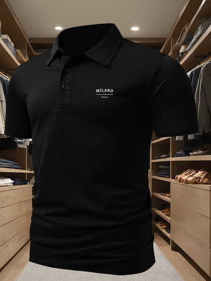 Men'S Middle East Inspired Geometric Pattern Casual Nylon Knit Shirt with Lapel Collar and Button Details, Regular Fit Short Sleeve Breathable Summer Top