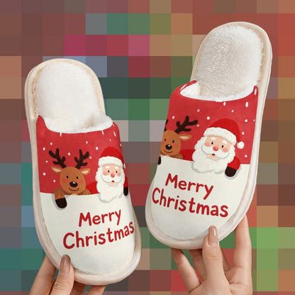 Santa Claus & Reindeer "Merry Christmas" Women's & Men's Home Slippers, Christmas Gift, Couple's Indoor Slippers, Super Comfortable Printed Slippers for Autumn & Winter,  Cozy Homewear, Christmas Design, Festive Print, Comfor