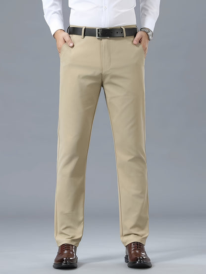 Men's Classic Business Casual Pants - Polyester, Solid Color, Regular Fit for All Seasons