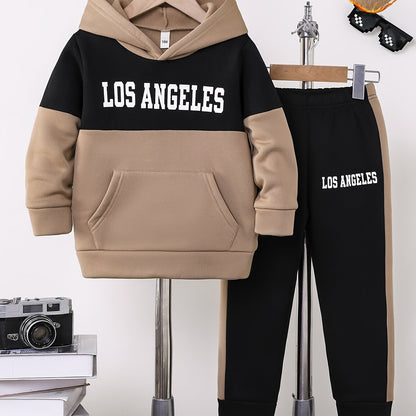 2pcs Boys' Autumn/Winter Fleece-Lined Hooded Sweatshirt and Pants Set, Simple Letter Print Fashion Classic Outfit for Outdoor Sports and Casual Wear, 100% Polyester Knit Stretch Fabric, Ideal Gift Choice for Kids, Perfect for