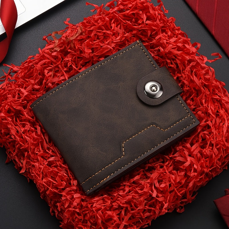 European Style Men Wallet Secure Button Business Short Model with Large Capacity Multi-Card Slots PU Wallet Trendy Youth Fashion