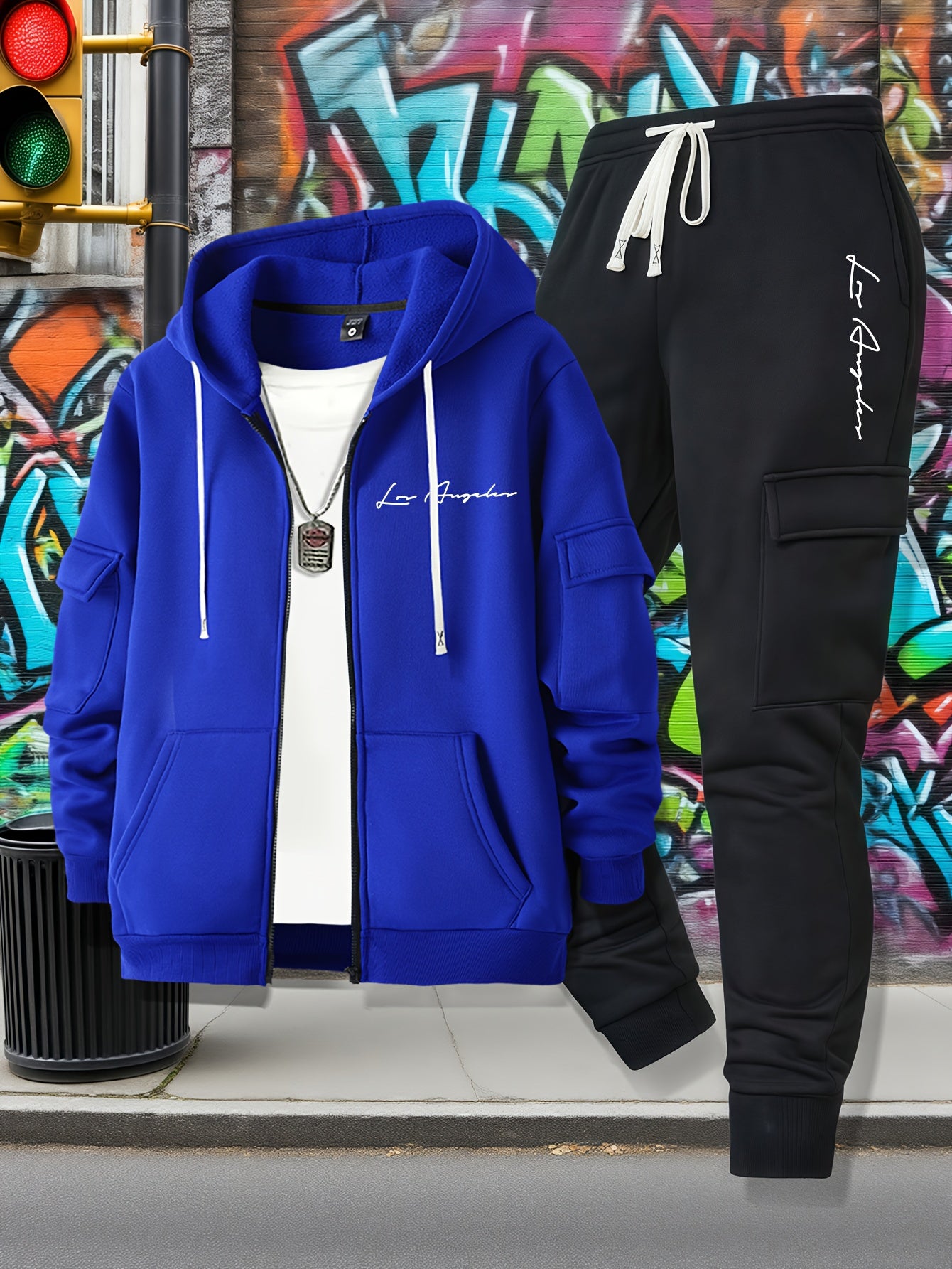 Men's Casual Zip Hoodie and Loose Cargo Pants Set - Breathable Polyest